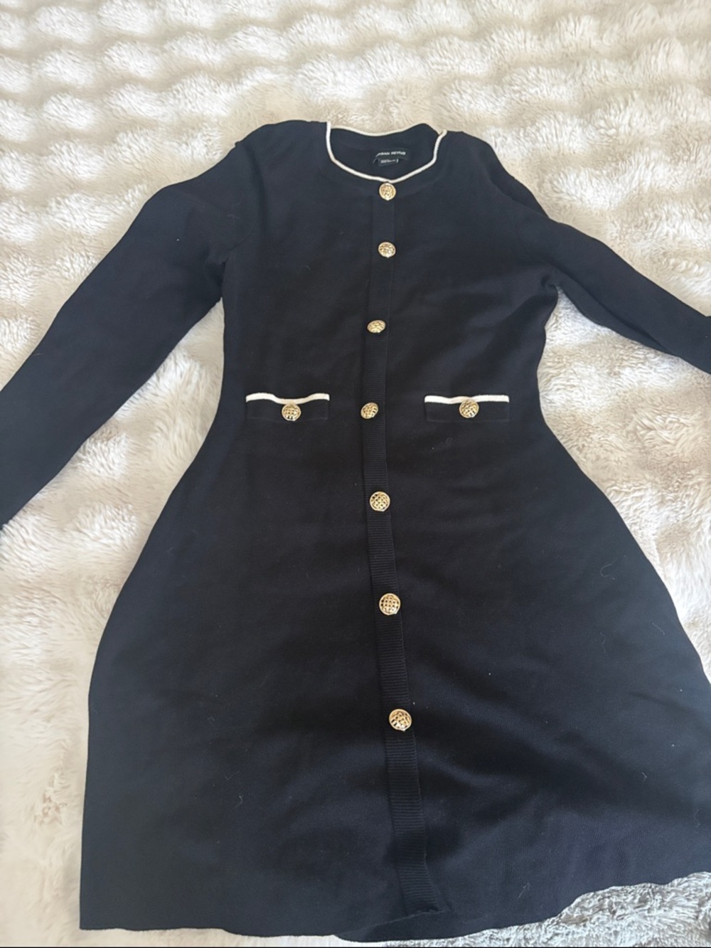 Zara Black Long Sleeve Knit Dress with Gold Buttons and White Trim